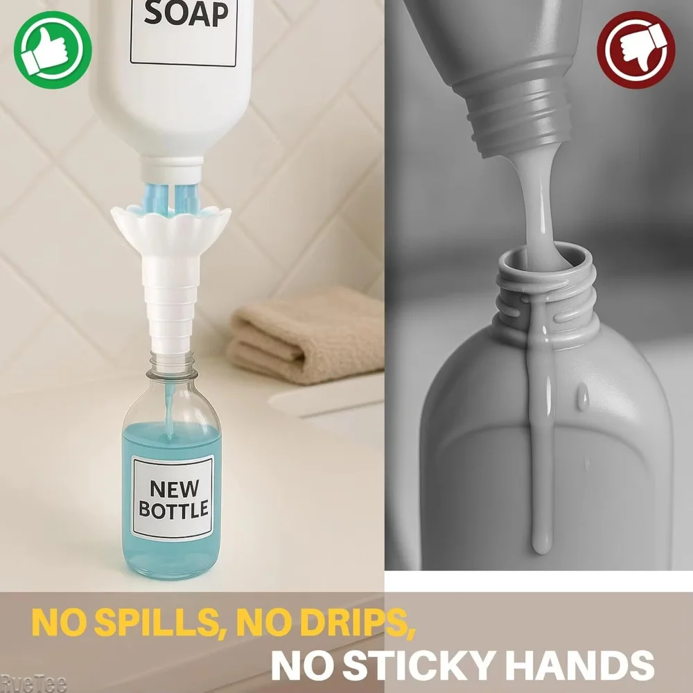 Universal Bottle Emptying Kit - Reusable Liquid Transfer Connector with No Waste Funnel Adapter, Compatible with Soap, Shampoo