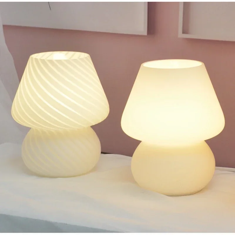 Glass LED Desk Lamp For Bedroom Bedside Korean Ins Style Striped Mushroom Table Lamp Decor Cute Glass Translucent Bedside Lamp