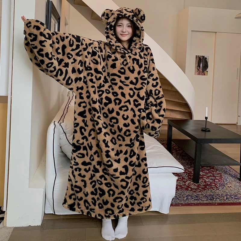 Winter Women Hooded Robe Leopard Coral Fleece Bear Ear Large Size Robes Warm Sleepwear Bathrobe Casual Soft Oversized Loungewear