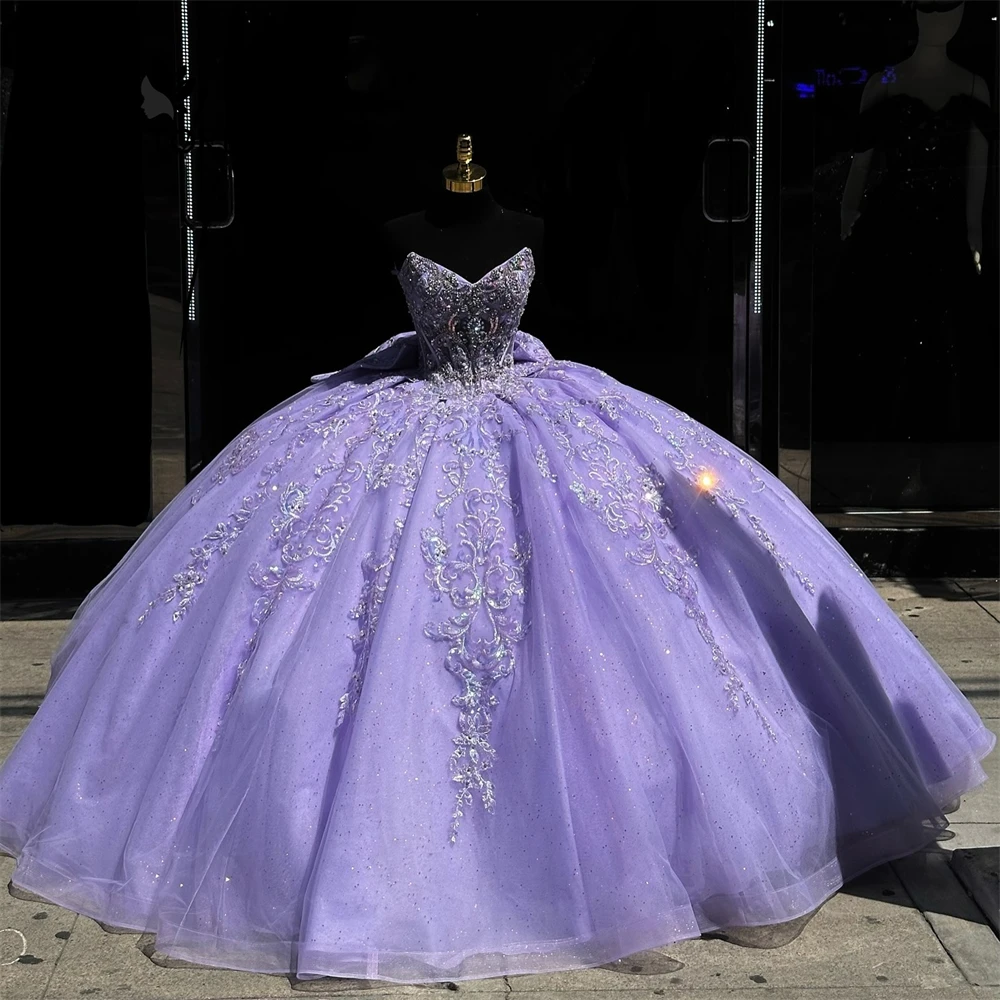 Purple Lace Appliques Quinceanera Dresses Beaded Rhinestones Ball Gown With Bow Ruffles Princess Formal Prom Dress Sweet 16