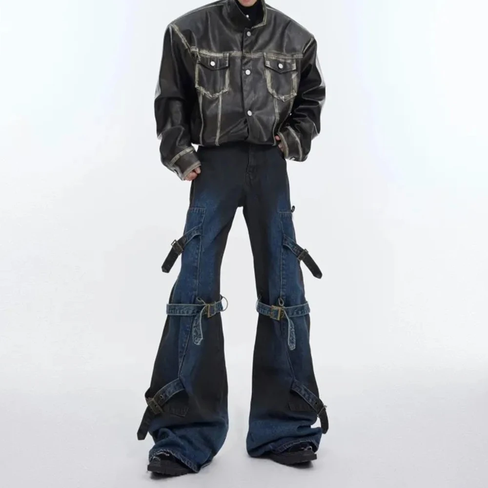 Męskie rozszerzane jeansy sznurowane w stylu deconstructed, amerykańska moda retro, streetwear, hip-hop, luźne, niszowe, nowe męskie spodnie na lato.