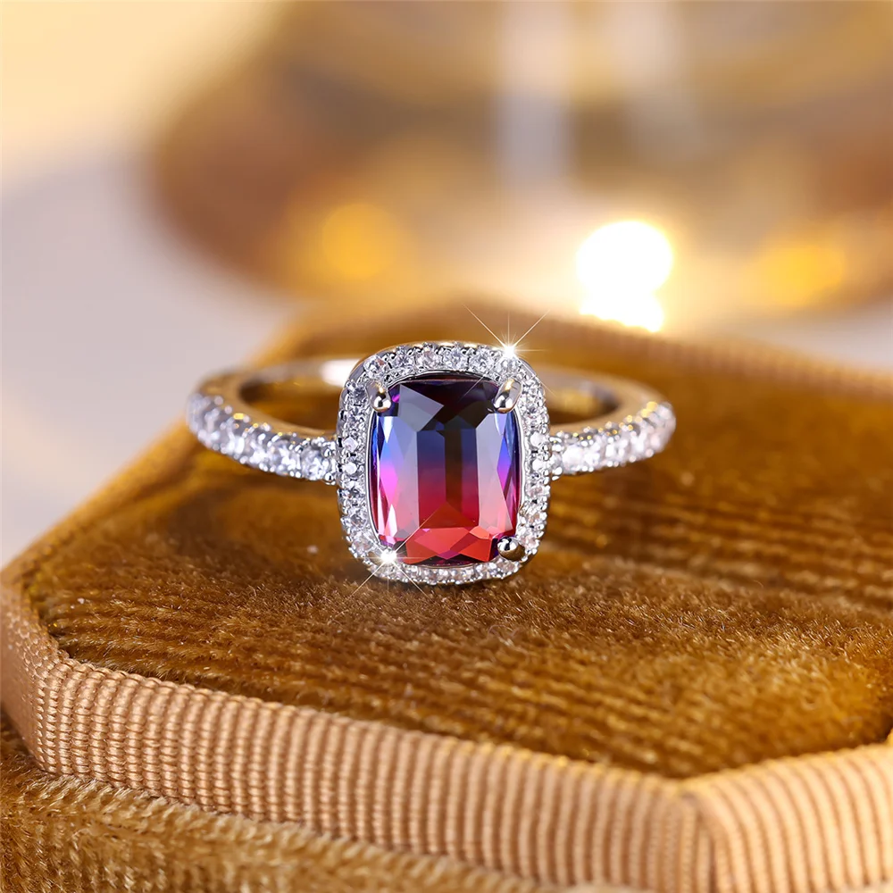 خاتم خطوبة من حجر الزركون بلون فضي عتيق للنساء ، كريستال نسائي ، أحمر ، أزرق ، أخضر ، قوس قزح ، فاخر ، مجوهرات زفاف