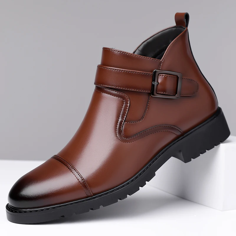 Winter New Mid Top Formal Business Shoes, Casual Leather Short Boots, Side Zipper Design, Waterproof and Windproof Riding Boots