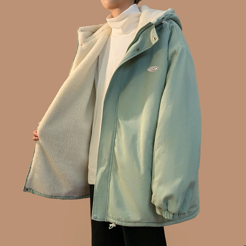 

Lamb Velvet Hooded Cotton Jacket Men's Winter Thickened Fleece Lined Workwear Coat Couple Style down Cotton Coat
