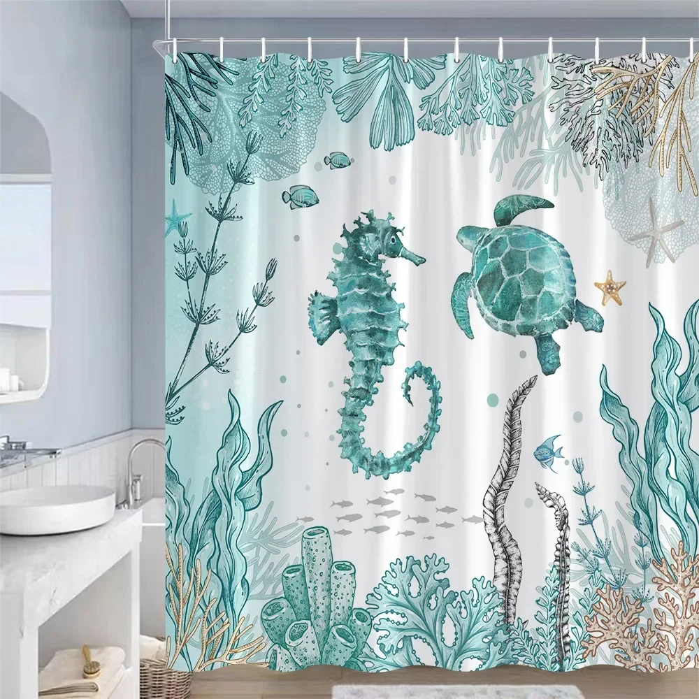 Ocean Animals Shower Curtains Sea Turtles Starfish Coral Seaweed Underwater Scenery Polyester Bathroom Curtain Decor with Hooks