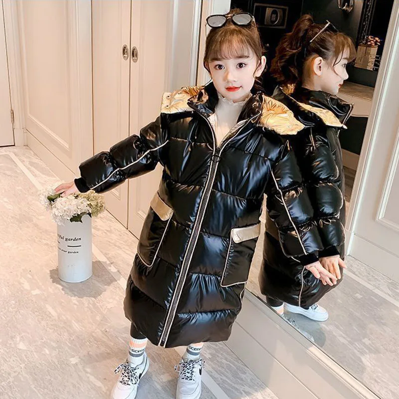 

Shiny Winter Jacket For Girls Zipper Clothes Waterproof Hooded Children Puffer Coat Loose Kids Long Parka Thicken Material