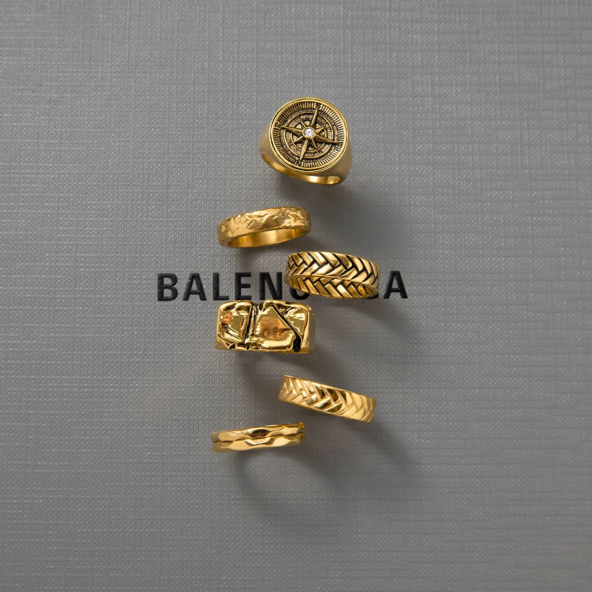 

AIKOER Vintage 18K Gold Color Plated Stainless Steel Two tone Personalized Ball Ring Geometric Texture Stackable Ring Women Jewe