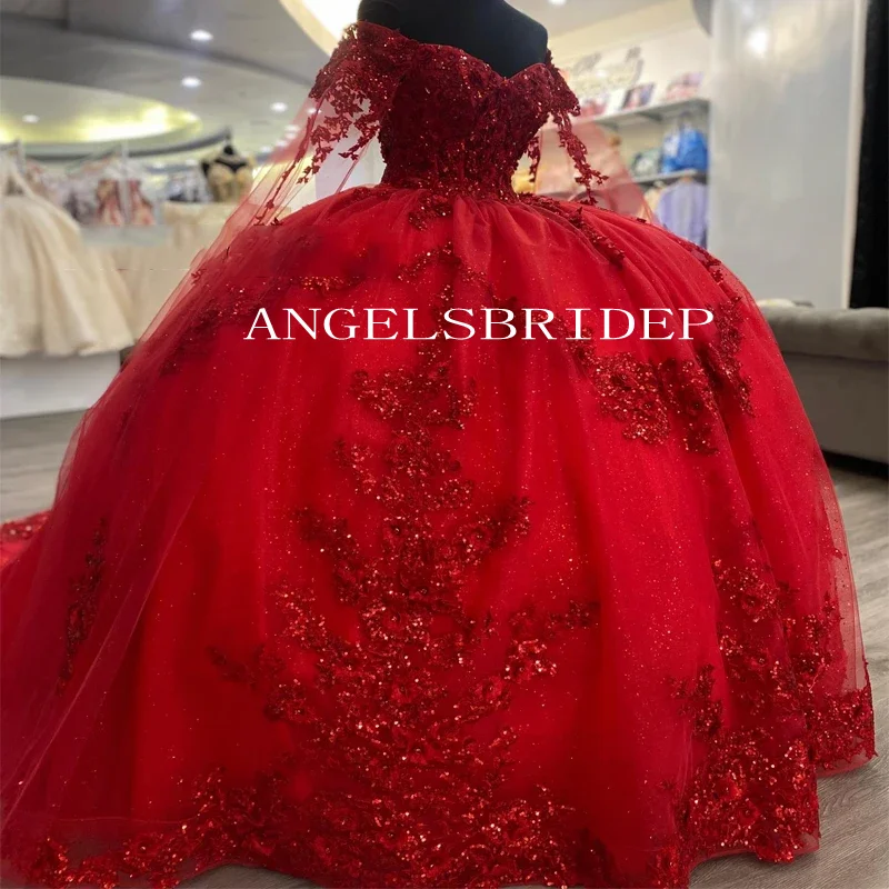 Angelsbridep ที่กําหนดเองหรูหราปิดไหล่ชุดบอล Quinceanera ชุดสีแดง Glitter Tulle Vestidos De 15 ปี Quinceañeras