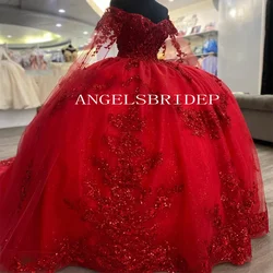 Angelsbridep Customized Luxury Off Shoulder Ball Gown Quinceanera Dresses Red Glitter Tulle Vestidos De 15 Años Quinceañeras