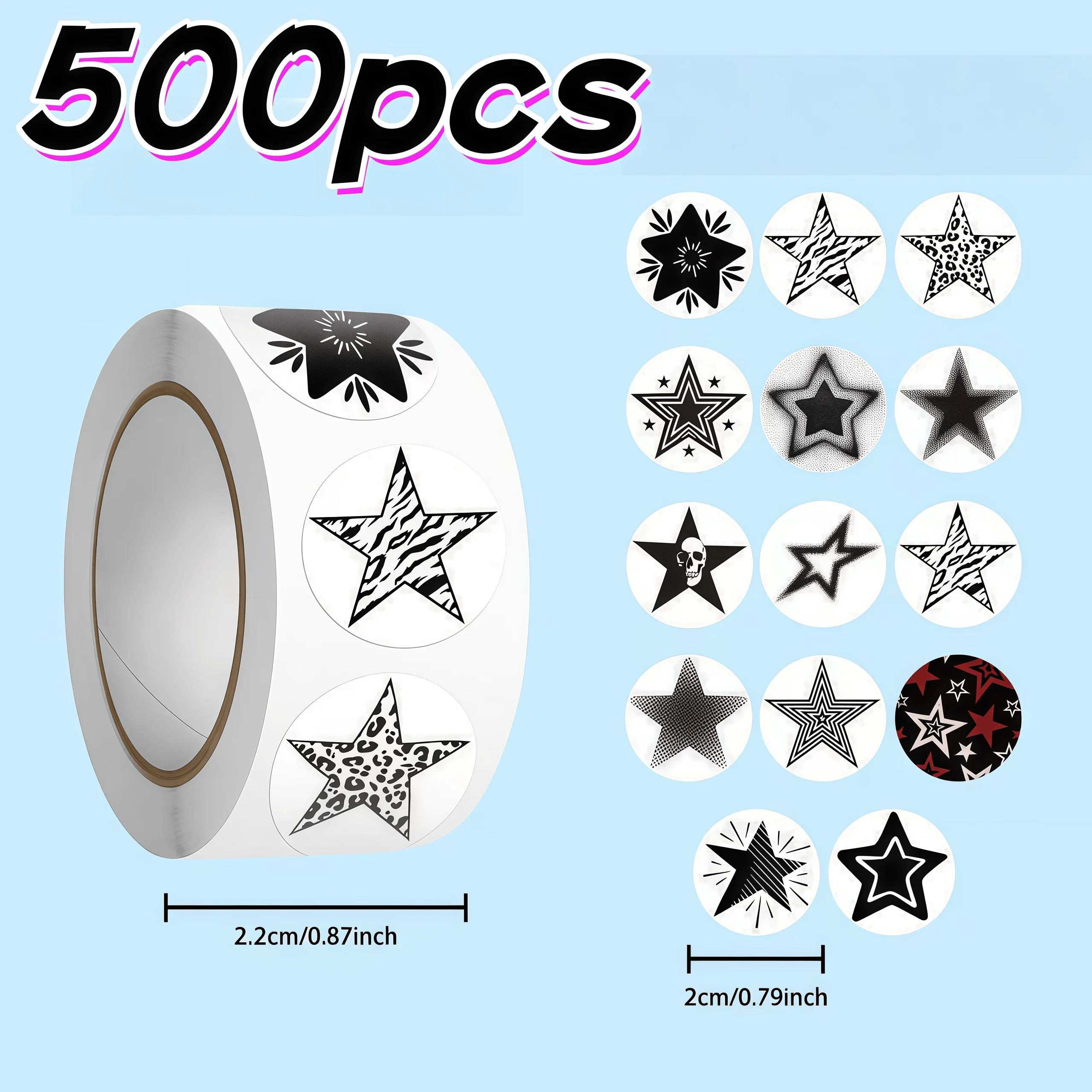500Pcs Y2K Star Round Sticker Roll, Leopard Zebra Print Multi Style Black Star Labels for Packaging Journal DIY Decor