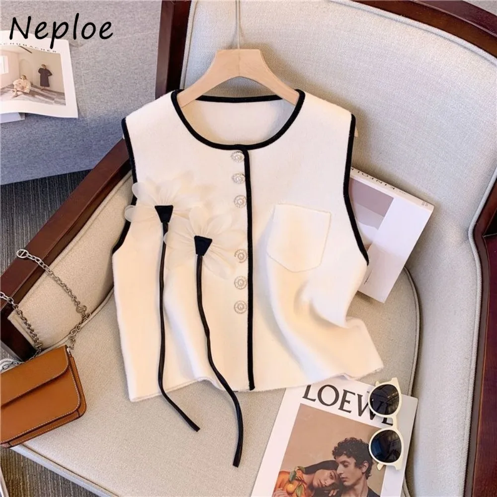 Neploe Elegant Celebrity Bow 3D Flower Coat Small Fragrance 2025 Moda Small Fellow Vest Short Minority All-match Women Clothing