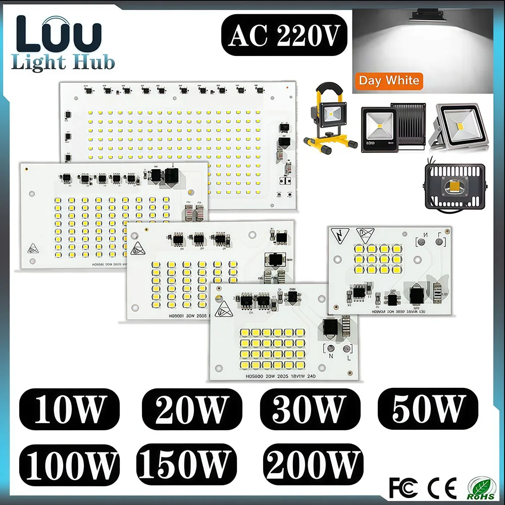 LED Chip Lamp 10W 20W 30W 50W 100W 200W Led Beads SMD 2835 AC 220V For Led Floodlight White 6000K  Outdoor Lighting Spotlight