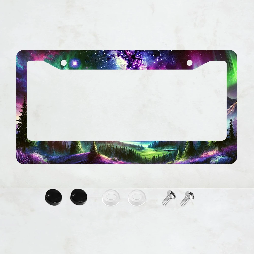 

1 шт. Красивая рамка для номерного знака с изображением ночного неба с полярным сиянием, алюминиевая рамка для номерного знака с изображением галактики и леса - 6 x 12 дюймов