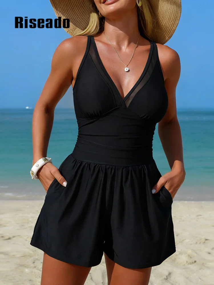 Swimwear Women Classic One Piece Swim Dress Mesh V Neck Skirted Swimsuit with Pockets Adjustable Straps Bathing Suit