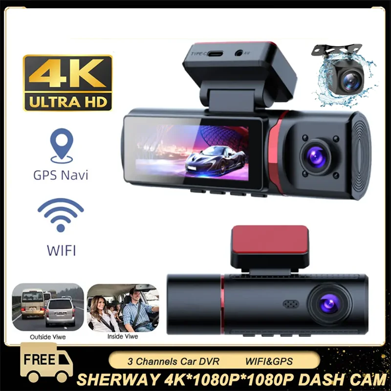

4K Car Dash Cam 3 Channels Video Recorder WIFI GPS Car DVR Parking Monitor Front With Rear View Night Vision Black Box for Car