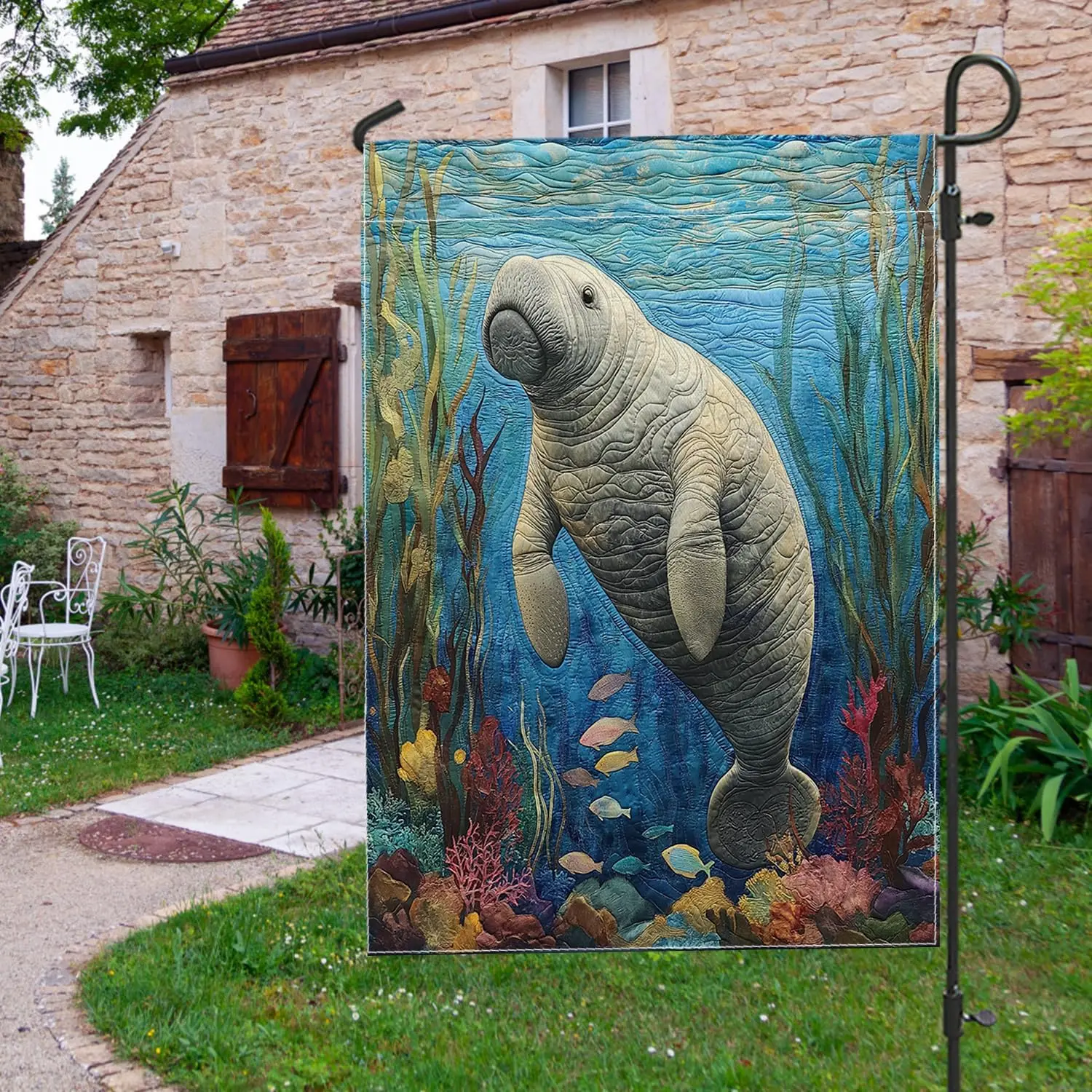 Quilting Style Manatee Garden Flags 12x18 Inch for Outside, Ocean Sealife Fish Standard Vertical Linen Flags for House, Sea  uui