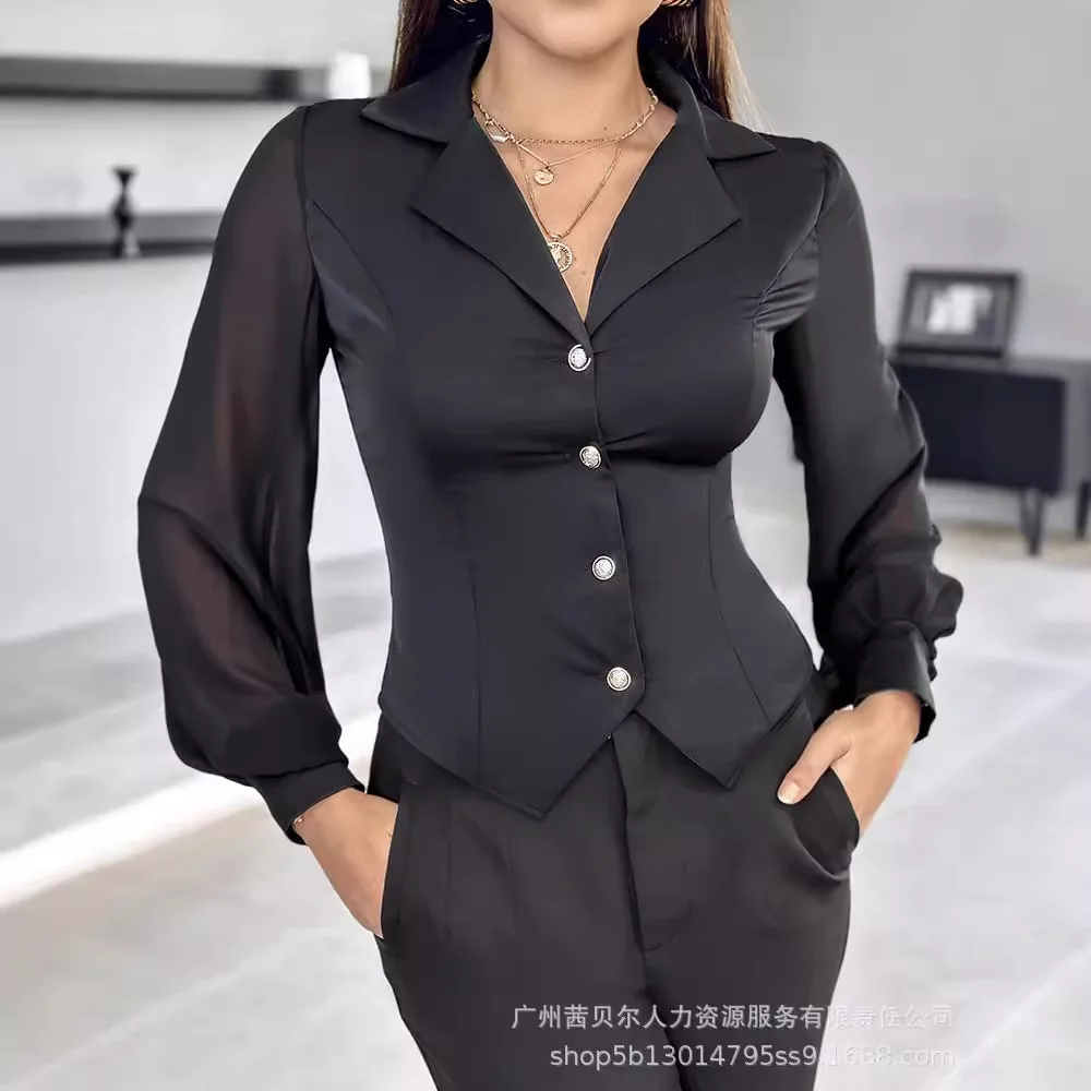 Mesh Stitching Button Shirt Top for Women Fashion Solid Long Sleeve Tshirt for Women