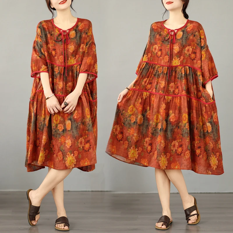 

Летнее хлопково-льняное платье большого размера с принтом, воротником и завязками, свободного кроя, элегантное, стройнящее, универсальное, в художественном стиле, с завышенной талией, А-силуэт