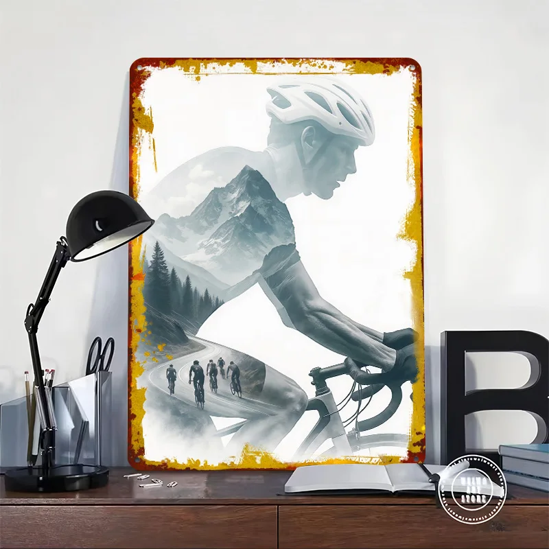 Cyclist in Mountain Landscape Double Exposure Metal Poster Custom Wall Art Retro Vintage Tinplate Signs for Man Cave Home Decor