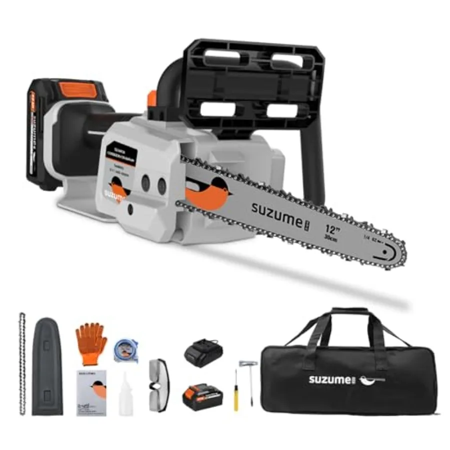 

Battery Chainsaw 12 Inch 21V 2x4.0Ah Batteries 2 x Chains Electric Chain saw Cordless with 33 Ft/s Powerful Cutting Auto Oiling