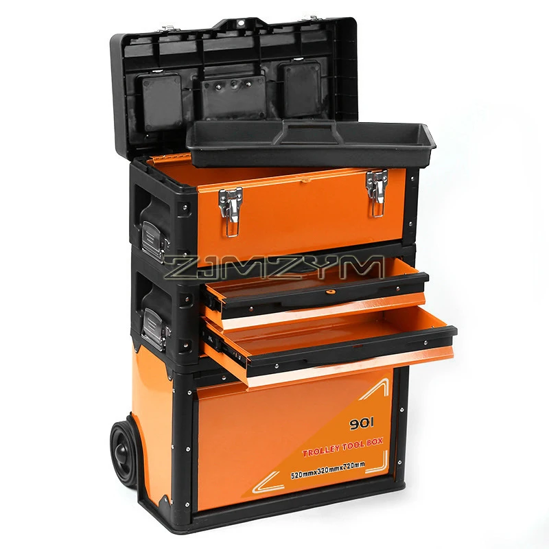 Toolbox Storage System Portable Toolbox with Wheels, Drawers - Mobile Utility Cart with Comfort Grip Handle and Tough Latches