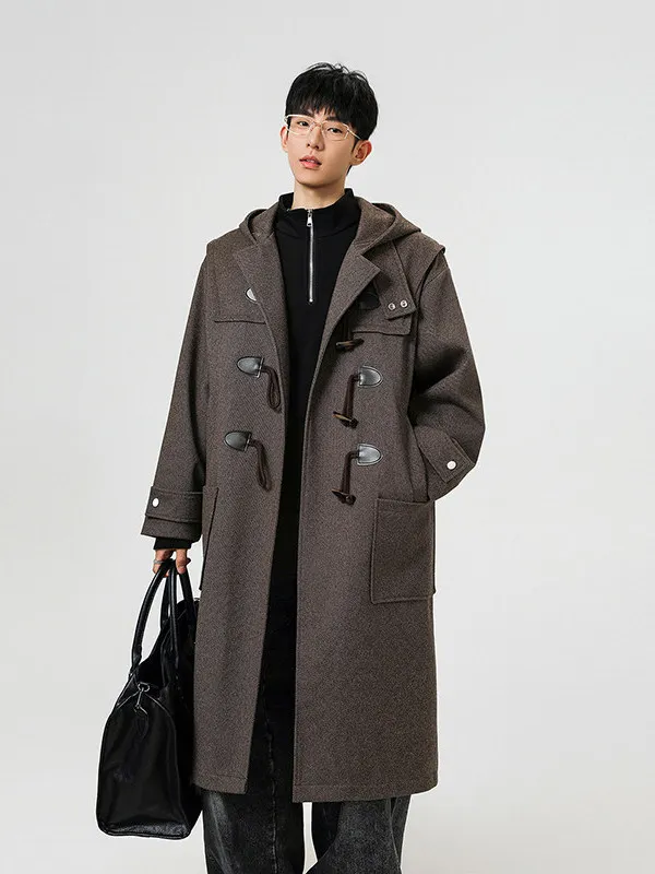 

Thiened Woolen Men's Coat with Hood And Horn Buttons Autumn Winter Long Over-Knee Korean Sle Trendy Casual Warm Outerwear