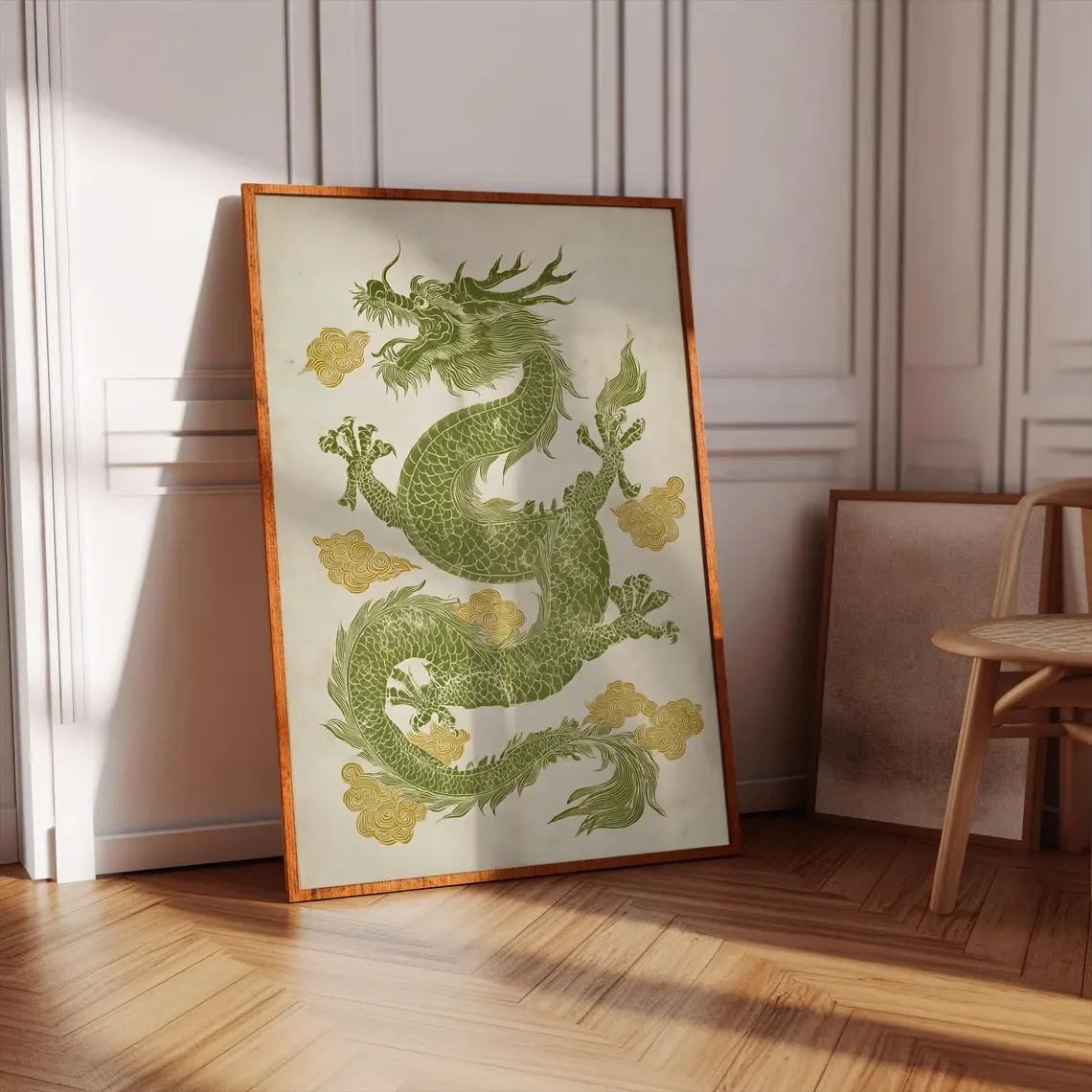 Traditional Chinese Green Dragon Wall Print Decor - Exquisite Linocut-Style Art of a Sage Green Dragon Amidst Golden Clouds, Sym