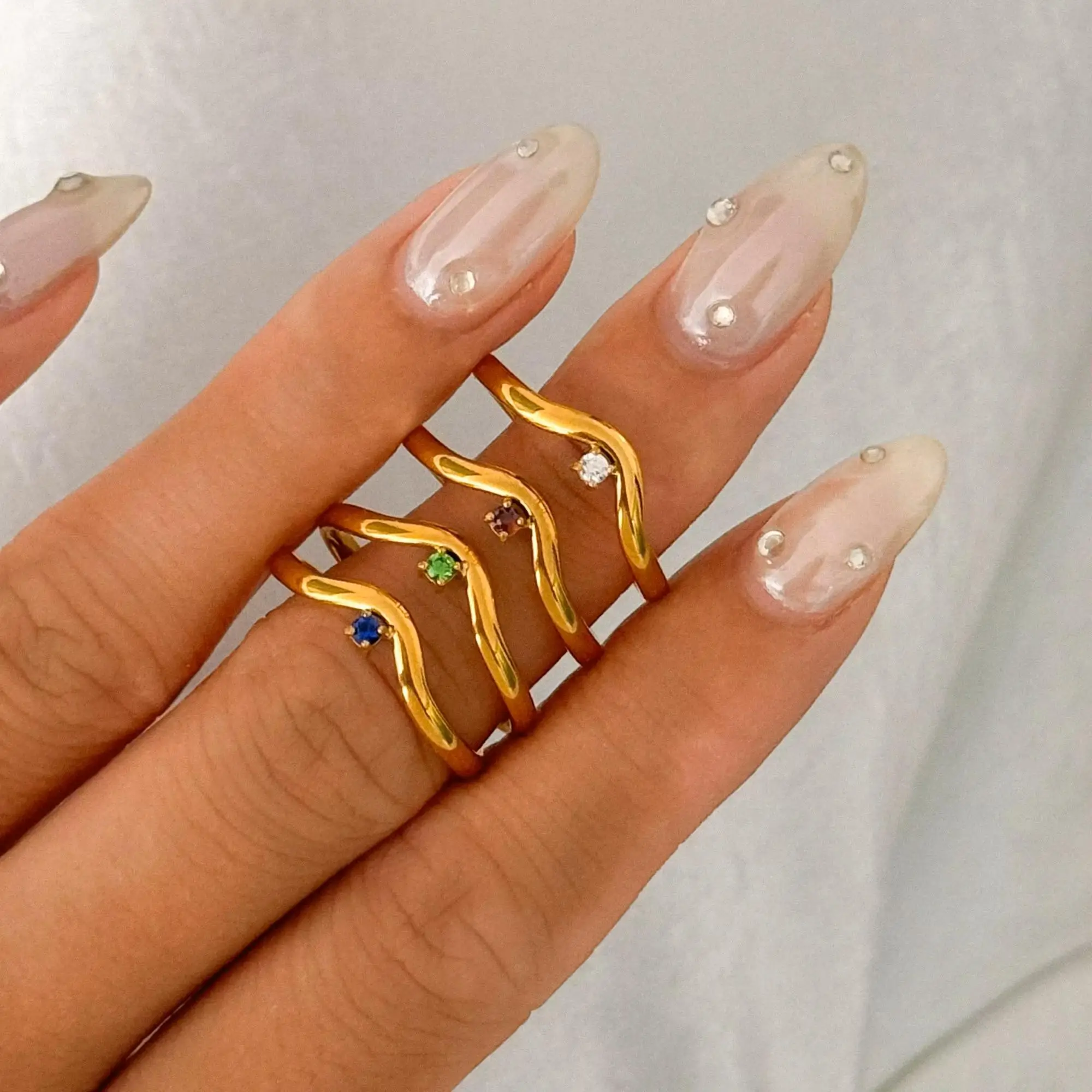 Miia Jewelry 18K Gold Plated Stainless Steel V Shape Ring Set 5Pcs Multi Color Square CZ Dainty Stackable Rings For Women