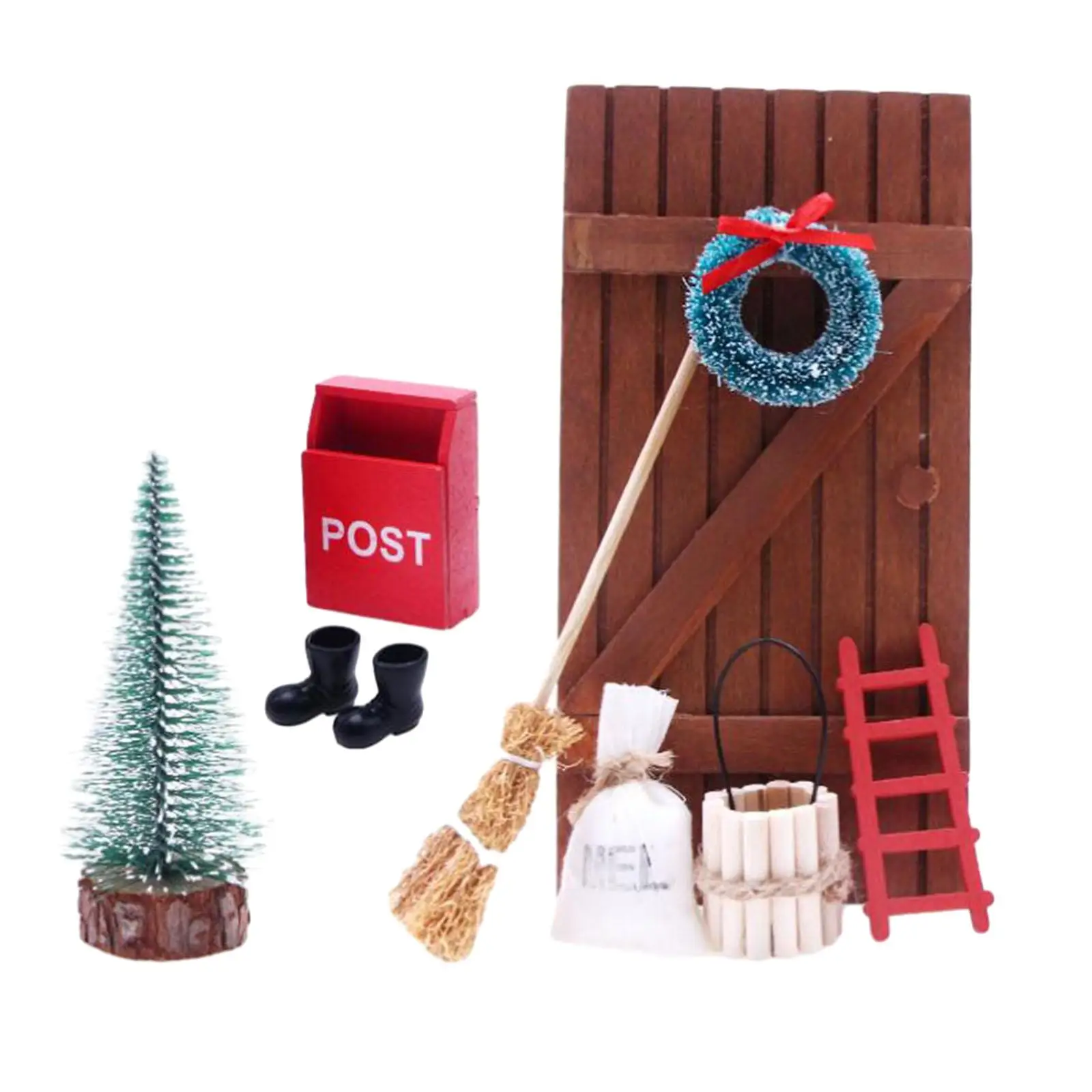 9 Pieces 1:12 Fairy Door Set Realistic Dollhouse Mini Christmas Tree for Railway Station Building Sand Table Model Train Layout