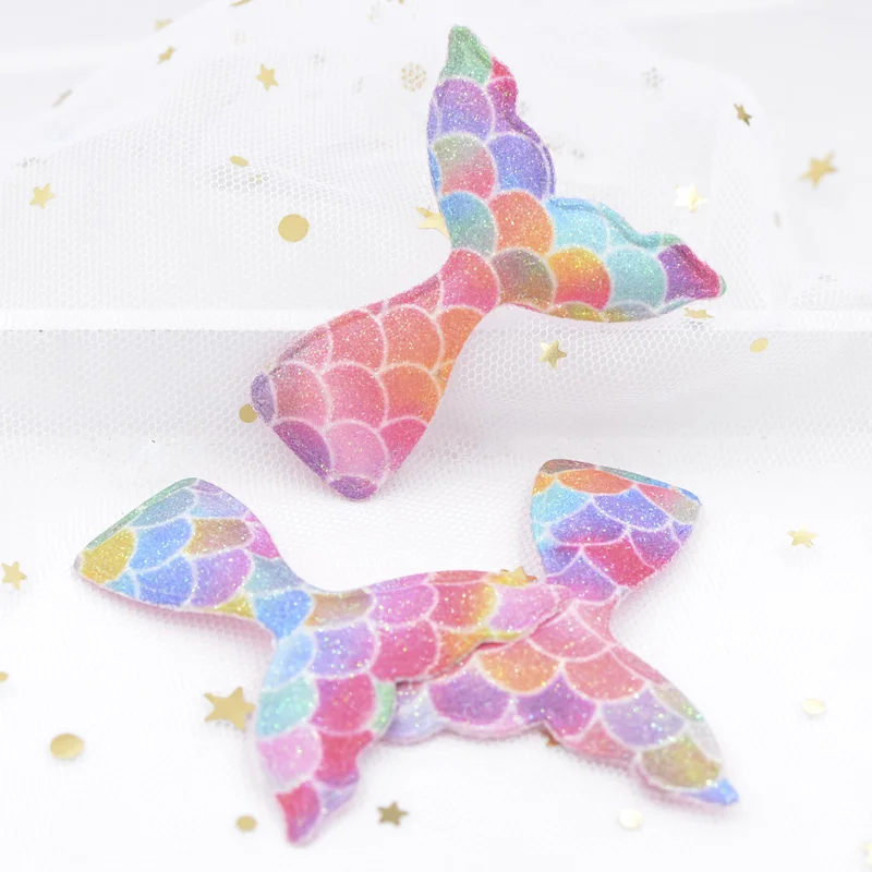 5.5CM Glittery Powders Mermaid Scale Iridescence Fabric Soft Padded Patches Fish Tail Appliques for Clothing Sewing Supplies