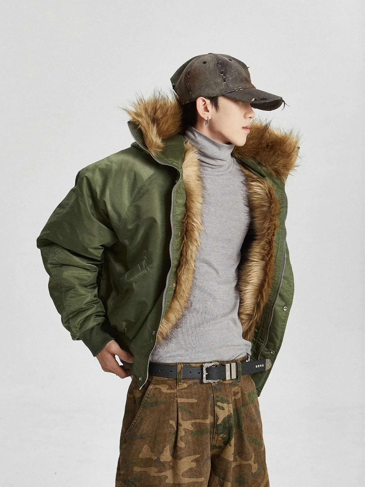 Uncledonjm Fur Collar Hooded Cotton Coat Clean Fit Hip Hop Y2k Puffer Jacket Luxury Men Winter Jacket