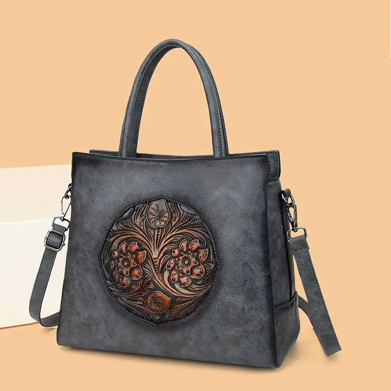 

Ретро-сумка из кожи с текстурой под старину в национальном стиле, новинка 2026 года, модная тисненая сумка через плечо, полированная портативная сумка для мамы