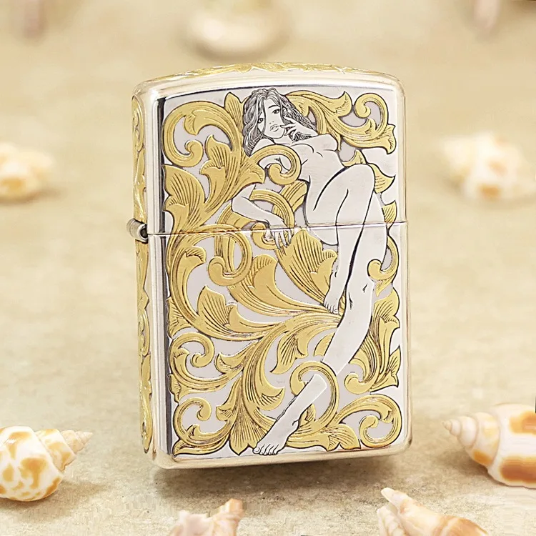 

Genuine Zippo oil lighter Gold inlaid Tang Grass Fairy Armor sterling silver windproof cigarette Kerosene lighters