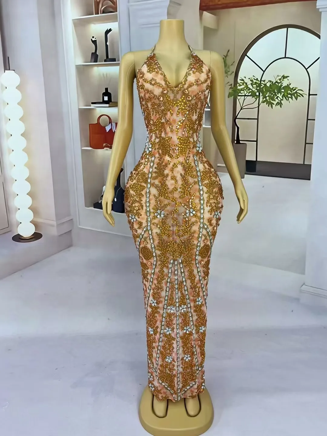 Sparkly Rhinestones Sexy Stage Bandage V-neck Backless Dress Wedding Birthday Cocktail party Evening Gown Photoshoot Costume