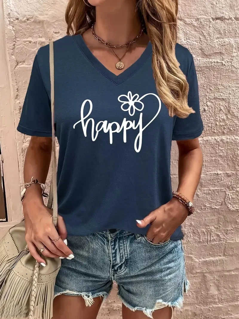 재미 있은 편지 인쇄 여성 티셔츠 패션 v-목 짧은 소매 탑 캐주얼 여성 의류 여름 패션 꽃 패턴 소녀 티