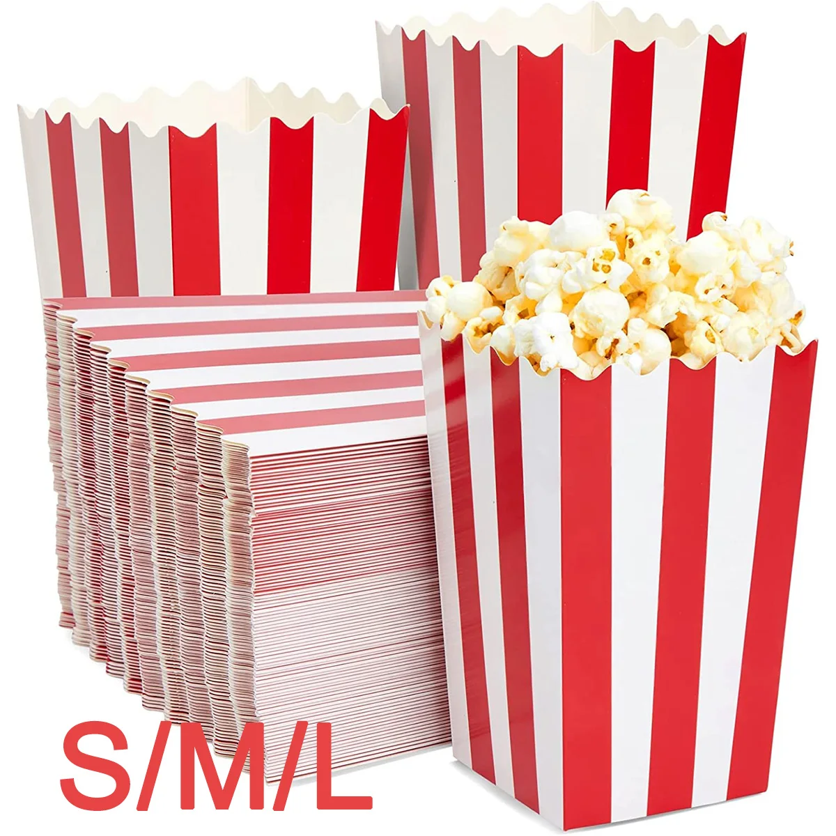 25Pcs Popcorn Paper Boxes Buckets Red White Stripes Bags Snack Containers for Movie Night Birthdays Carnival Party Supplies