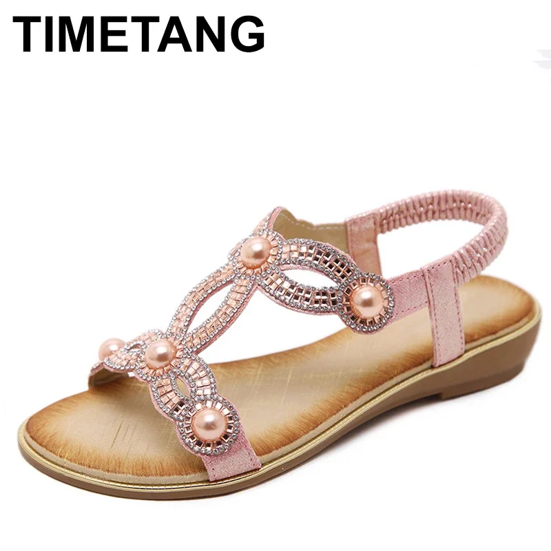 TIMETANG  New Fashion Casual Summer Women Sandals Flower Rhinestone Foreign Trade Large Size Flat Shoes Zapatos Mujer