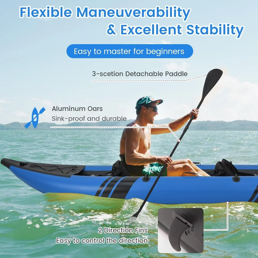 Inflatable Kayak with 507 LBS Weight Capacity, 2 Aluminium Oars, EVA Padded Seat, 2 Fins, Hand Pump, Portable Touring Kayaks