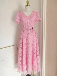 Summer Holiday Flower Embroidery Lace Dress Women Water Soluble Hook V Neck Diamonds Buttons Belt Evening Wedding Party Sundress