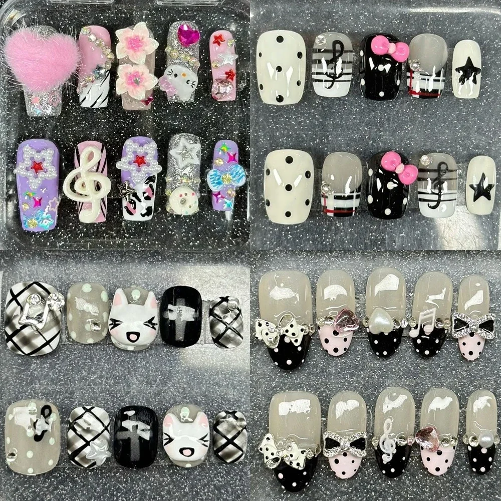 

10Pcs Cartoon Short Square Round Full Cover Nail 3D Musical Note Bowknot Flowers Diamond Reusable False Nails