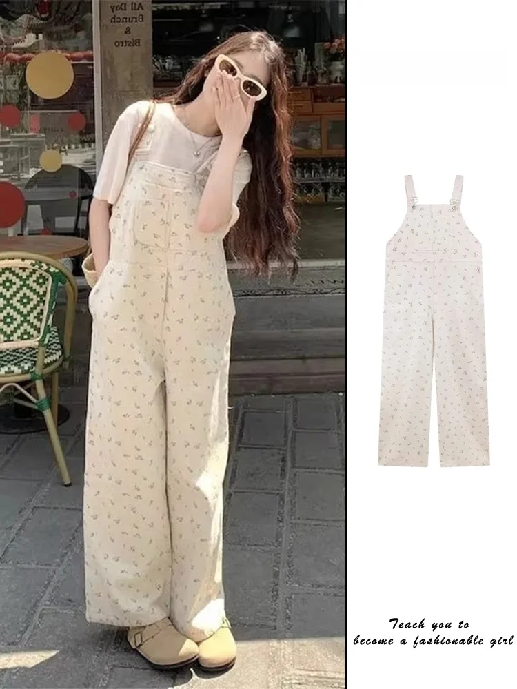Korean Sweet Floral Denim Overalls Women's Summer New Casual Anti-Aging Long Pants High Waist Straight Leg Jeans Casual Style