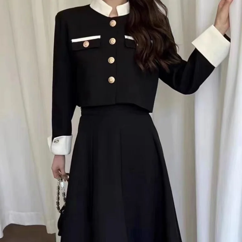 Women Autumn Winter New Stand Up Collar Small Fragrant Skirt Set Fashion Contrast Short Button Coat High Waisted Two-piece Dress