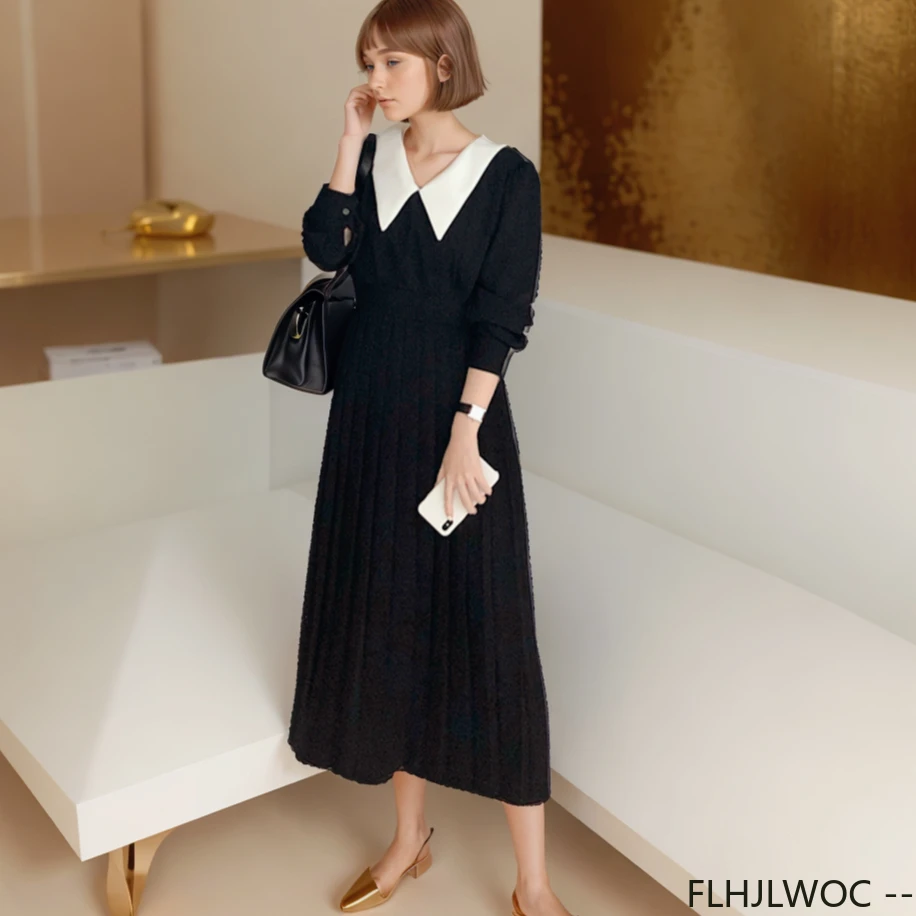 French Design Elegant Black Dresses Hot Sales New Women Short Sleeve Bow Tie Lace-Up White Collar Pleated Dress