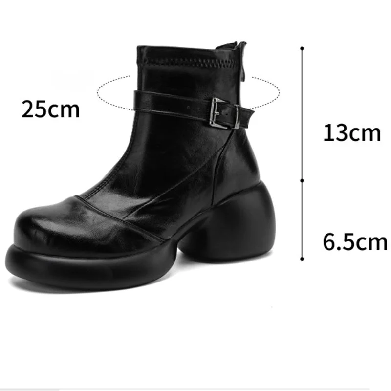 REAVE CAT Black Women Ankle Boots Round Toe 6.5cm Thick Heel Zipper Belt Buckle Small Big Size 33 41 42 43 Retro Casual Botas