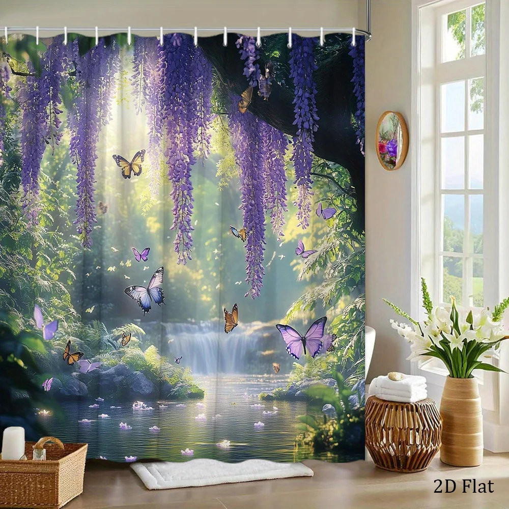 purple wisteria and butterfly shower curtain with forest waterfall scene for magical Free Hooks Included Can be usedasapartition