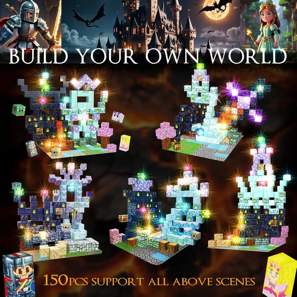 光る磁気ブロック - 150ピース プリンセス＆ナイトテーマ STEMセット 3歳以上のお子様向け 15個の光るキューブ付き