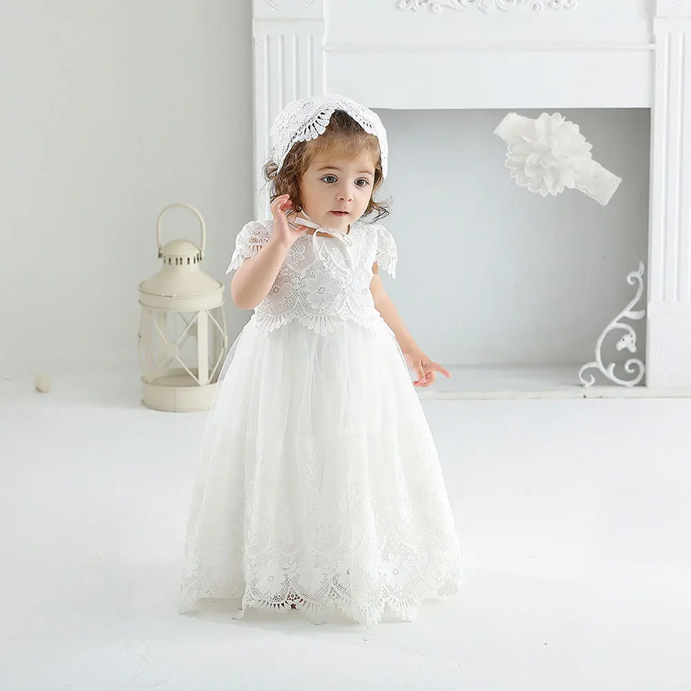 HETISO Baby Girl Baptism Dress with Bonnet Lace Flower White Christening Gowns for Birthday Party Holiday Newborn