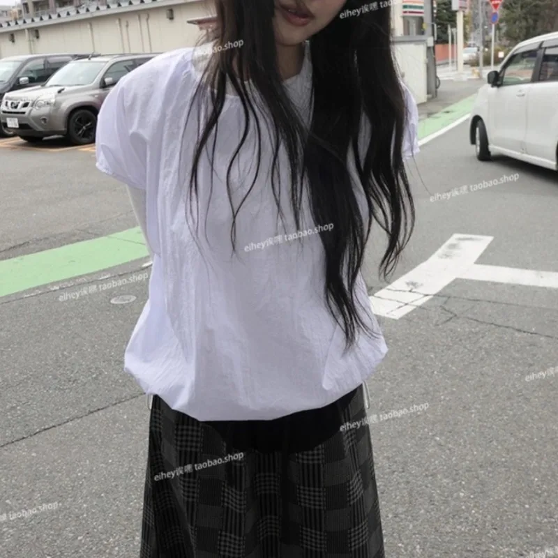 

Korean Retro Loose Casual Short-sleeved T-shirt Women 2025 Summer New O-neck Drawstring Solid Color All Match Tops
