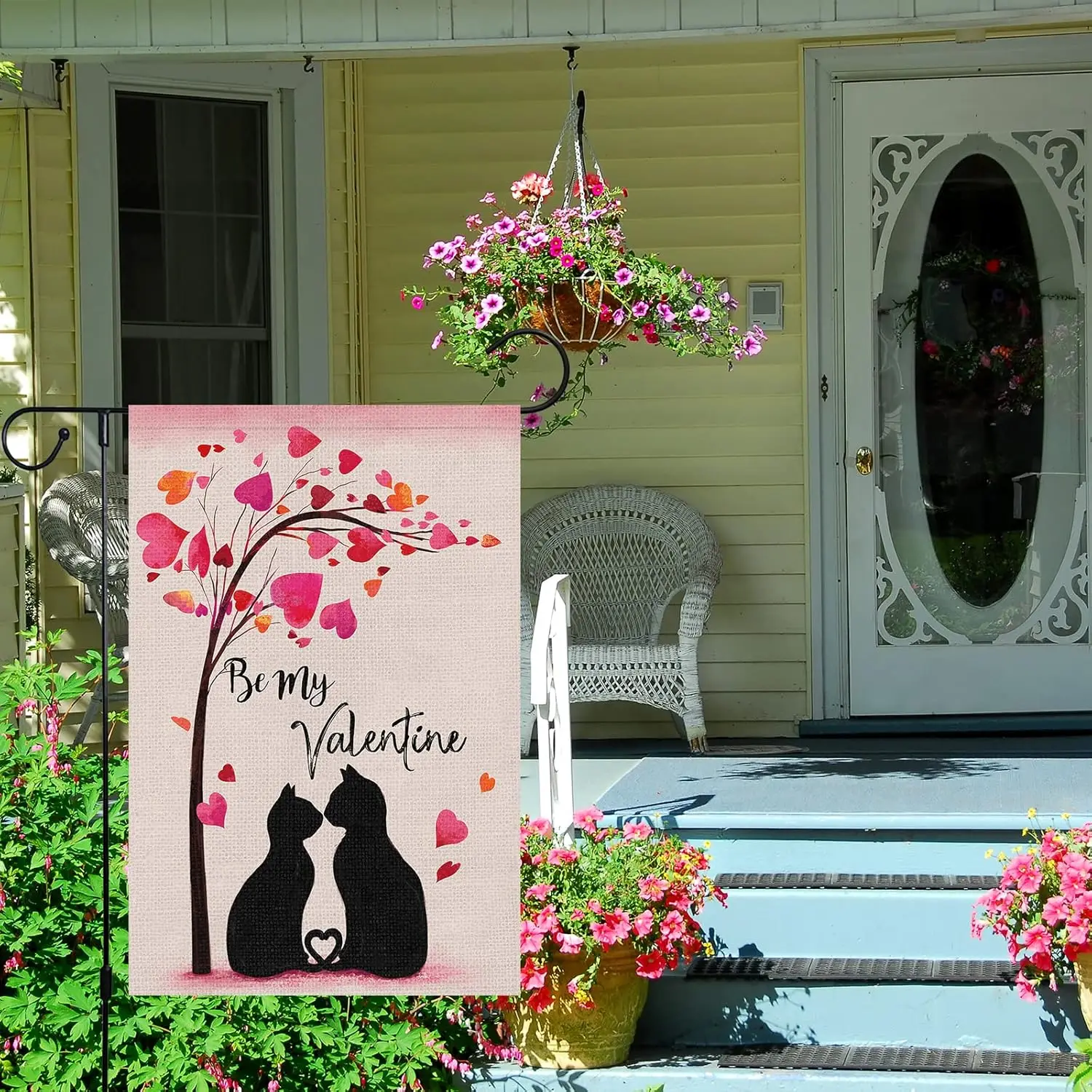 Happy Valentine's Day Garden Flag 12x18 Double Sided Vertical, Burlap Small Black Cat Couple Heart Yard Sign for Wedding ZZJ GGO