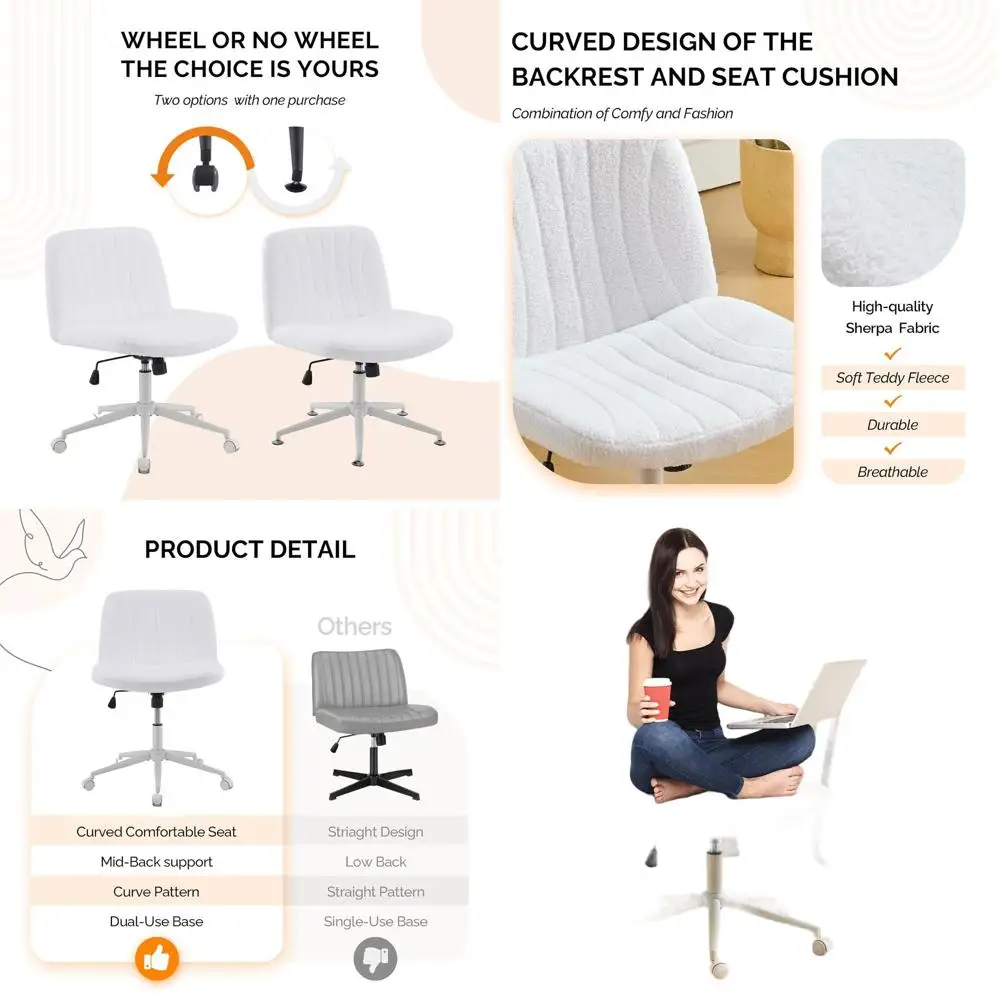 

Эргономичное офисное кресло с опциональными колесиками, без подлокотников, с сиденьем из ткани букле для дома, офиса, учебы или макияжа, цвет «Тедди Флис», белый